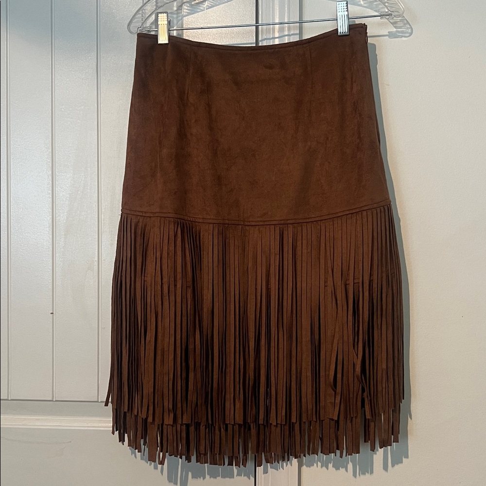 Brown Fringe Skirt Forever 21 size Medium stretch micro- suede faux boho